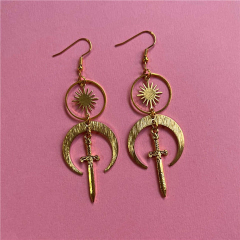 Sun Sword Shield Earrings, Celestial Crescent Earrings, Gold Sword Earrings, Minimalist Earrings, Cute Gift Small Knife Femme Fatale Jewelry - Froppin