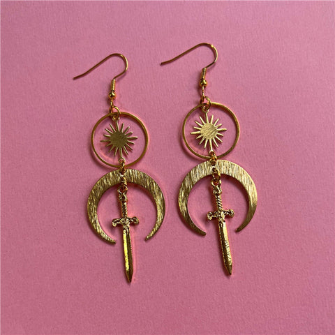Sun Sword Shield Earrings, Celestial Crescent Earrings, Gold Sword Earrings, Minimalist Earrings, Cute Gift Small Knife Femme Fatale Jewelry - Froppin