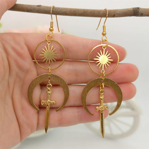 Sun Sword Shield Earrings, Celestial Crescent Earrings, Gold Sword Earrings, Minimalist Earrings, Cute Gift Small Knife Femme Fatale Jewelry - Froppin