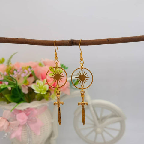 Sun Warrior Earrings, Death Celestial Sword Earrings, Gold Planet Earrings, Era Of Victorian Hoops, Cute Small Knife Eye For An Eye Earrings - Froppin