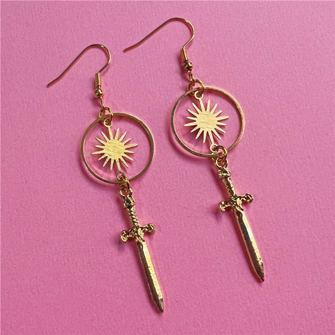 Sun Warrior Earrings, Death Celestial Sword Earrings, Gold Planet Earrings, Era Of Victorian Hoops, Cute Small Knife Eye For An Eye Earrings - Froppin