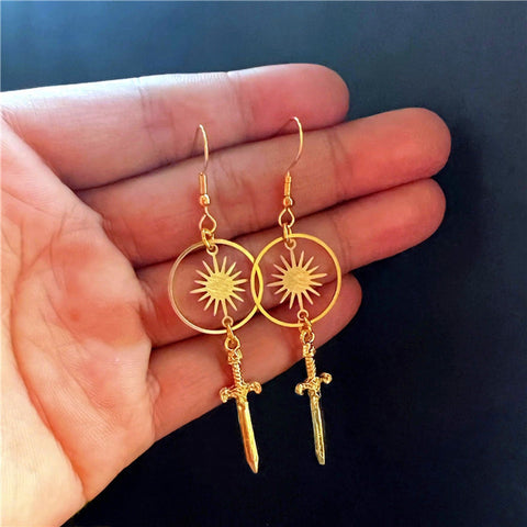 Sun Warrior Earrings, Death Celestial Sword Earrings, Gold Planet Earrings, Era Of Victorian Hoops, Cute Small Knife Eye For An Eye Earrings - Froppin