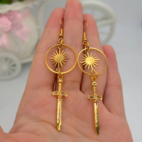 Sun Warrior Earrings, Death Celestial Sword Earrings, Gold Planet Earrings, Era Of Victorian Hoops, Cute Small Knife Eye For An Eye Earrings - Froppin