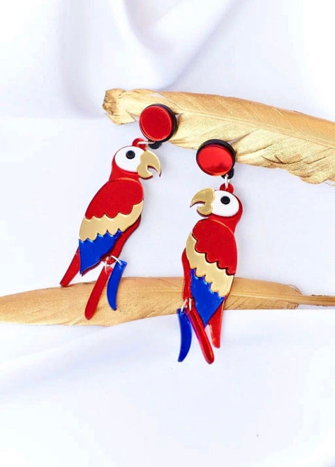 Talking Parrot Mimic Earrings • Colorful Wild Animal Earrings • Red, Gold And Blue Lightweight Large Summer Tropic Earrings • Gift For Her - Froppin