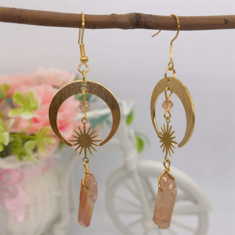 Tangerine Quartz Stone Earrings, Crescent Hoops Crystal Earrings, Solar System Earrings Moon Earrings, Gold Celestial Gemstone Earrings - Froppin