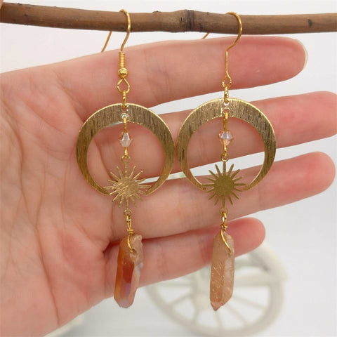 Tangerine Quartz Stone Earrings, Crescent Hoops Crystal Earrings, Solar System Earrings Moon Earrings, Gold Celestial Gemstone Earrings - Froppin