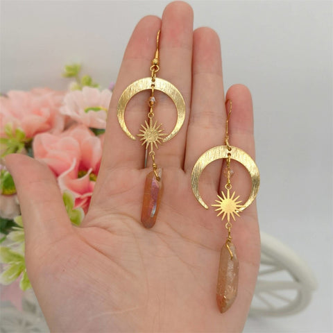 Tangerine Quartz Stone Earrings, Crescent Hoops Crystal Earrings, Solar System Earrings Moon Earrings, Gold Celestial Gemstone Earrings - Froppin