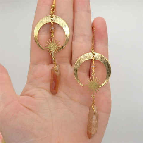 Tangerine Quartz Stone Earrings, Crescent Hoops Crystal Earrings, Solar System Earrings Moon Earrings, Gold Celestial Gemstone Earrings - Froppin