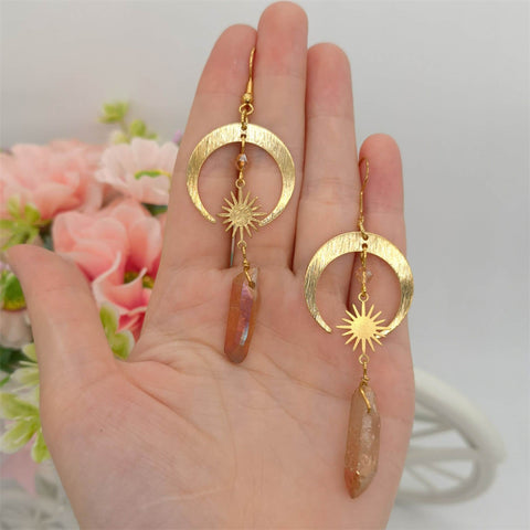Tangerine Quartz Stone Earrings, Crescent Hoops Crystal Earrings, Solar System Earrings Moon Earrings, Gold Celestial Gemstone Earrings - Froppin
