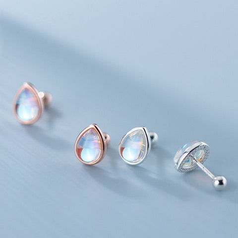 Teardrop Moonstone Earrings, Rainbow Moonstone Stud Earrings, Minimalist Studs, Tiny Hypoallergenic Earrings, Rose Gold S925 Silver Earrings - Froppin