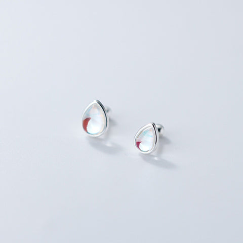 Teardrop Moonstone Earrings, Rainbow Moonstone Stud Earrings, Minimalist Studs, Tiny Hypoallergenic Earrings, Rose Gold S925 Silver Earrings - Froppin