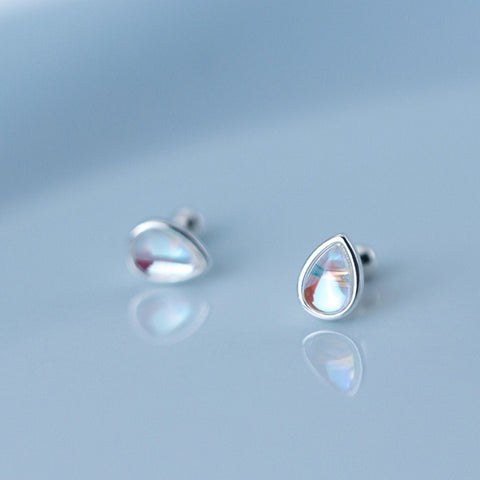 Teardrop Moonstone Earrings, Rainbow Moonstone Stud Earrings, Minimalist Studs, Tiny Hypoallergenic Earrings, Rose Gold S925 Silver Earrings - Froppin
