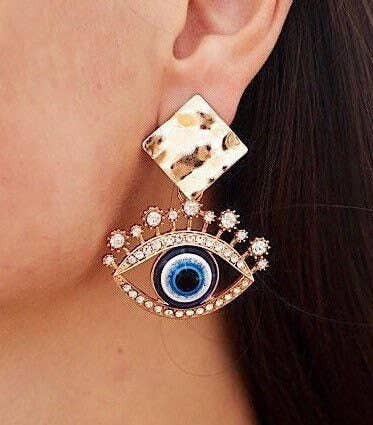 Third Eye Golden Raw Gold Evil Eye Earrings • Bohemian Trend 2022 Turkish Eye • Protection Symbol Raw Earrings • Earrings Necklace Jewelry - Froppin