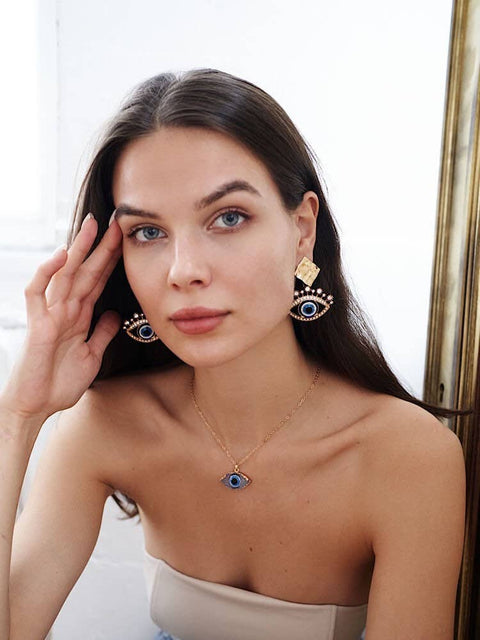 Third Eye Golden Raw Gold Evil Eye Earrings • Bohemian Trend 2022 Turkish Eye • Protection Symbol Raw Earrings • Earrings Necklace Jewelry - Froppin