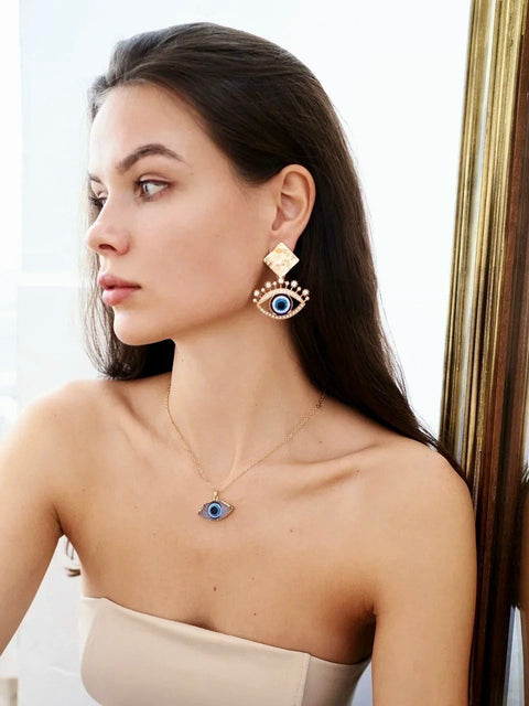 Third Eye Raw Crystals Enamel Pendant, Turkish Eye Necklace, Human Eye Necklace, Evil Eye Necklace, Bohemian Eye Necklace Gold Chain Jewelry - Froppin