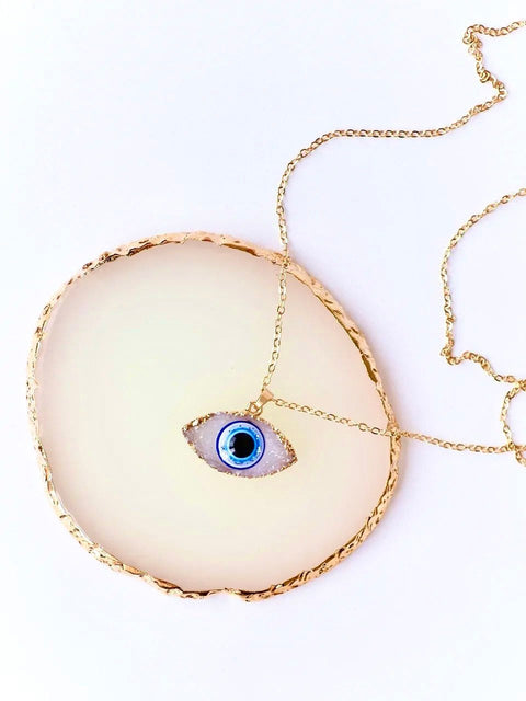 Third Eye Raw Crystals Enamel Pendant, Turkish Eye Necklace, Human Eye Necklace, Evil Eye Necklace, Bohemian Eye Necklace Gold Chain Jewelry - Froppin