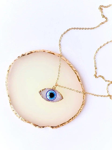 Third Eye Raw Crystals Enamel Pendant, Turkish Eye Necklace, Human Eye Necklace, Evil Eye Necklace, Bohemian Eye Necklace Gold Chain Jewelry - Froppin