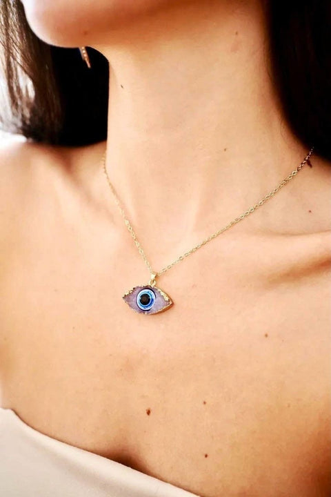 Third Eye Raw Crystals Enamel Pendant, Turkish Eye Necklace, Human Eye Necklace, Evil Eye Necklace, Bohemian Eye Necklace Gold Chain Jewelry - Froppin