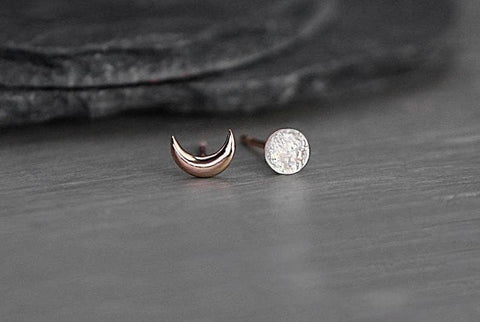 Tiny 14k Rose Gold Opal Moon Stud Earrings - Froppin
