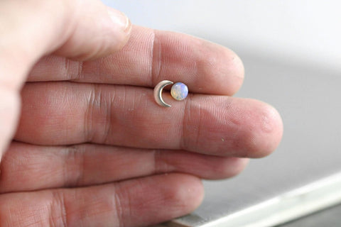 Tiny 14k Rose Gold Opal Moon Stud Earrings - Froppin