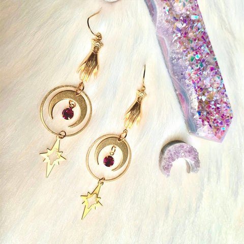 Touch Drop Of Blood Earrings, Gold Raw Stone Earrings, Spiritual Hoop Celestial Star Moon Earrings, Crescent Earrings, Solar System Earrings - Froppin