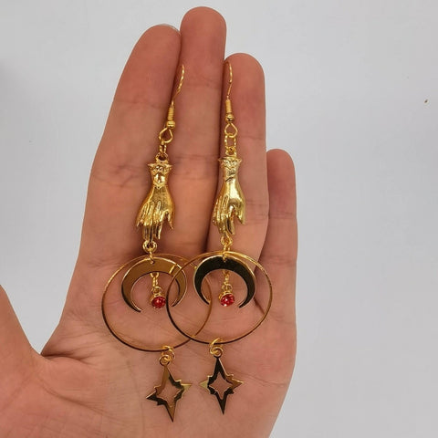 Touch Drop Of Blood Earrings, Gold Raw Stone Earrings, Spiritual Hoop Celestial Star Moon Earrings, Crescent Earrings, Solar System Earrings - Froppin