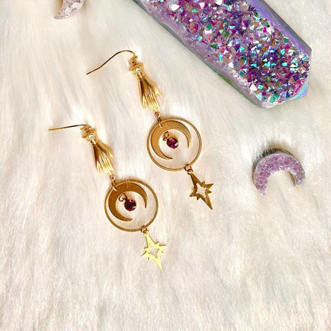 Touch Drop Of Blood Earrings, Gold Raw Stone Earrings, Spiritual Hoop Celestial Star Moon Earrings, Crescent Earrings, Solar System Earrings - Froppin