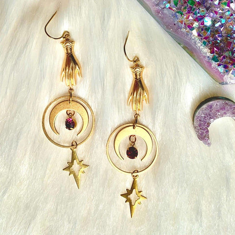 Touch Drop Of Blood Earrings, Gold Raw Stone Earrings, Spiritual Hoop Celestial Star Moon Earrings, Crescent Earrings, Solar System Earrings - Froppin