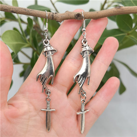 Touch These Dagger Earrings, Palm Dangle Sword Earrings, Small Knife Cute Weapon Hand Earrings, Silver Stranger Danger Femme Fatale Earrings - Froppin