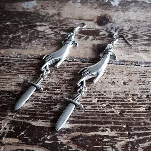 Touch These Dagger Earrings, Palm Dangle Sword Earrings, Small Knife Cute Weapon Hand Earrings, Silver Stranger Danger Femme Fatale Earrings - Froppin
