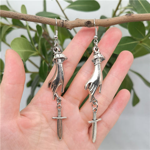 Touch These Dagger Earrings, Palm Dangle Sword Earrings, Small Knife Cute Weapon Hand Earrings, Silver Stranger Danger Femme Fatale Earrings - Froppin
