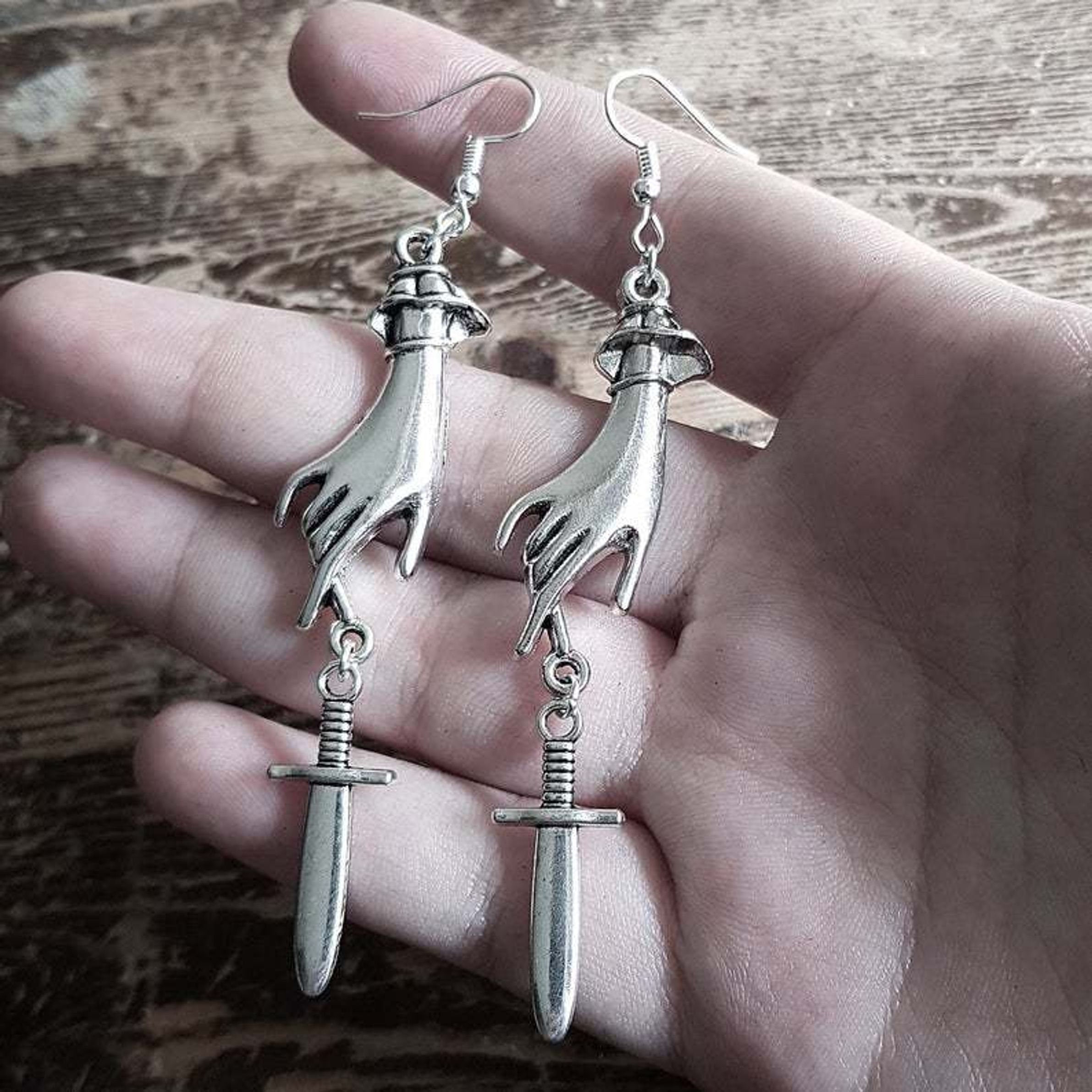 Touch These Dagger Earrings, Palm Dangle Sword Earrings, Small Knife Cute  Weapon Hand Earrings, Silver Stranger Danger Femme Fatale Earrings