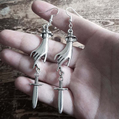 Touch These Dagger Earrings, Palm Dangle Sword Earrings, Small Knife Cute Weapon Hand Earrings, Silver Stranger Danger Femme Fatale Earrings - Froppin
