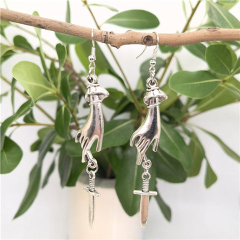 Touch These Dagger Earrings, Palm Dangle Sword Earrings, Small Knife Cute Weapon Hand Earrings, Silver Stranger Danger Femme Fatale Earrings - Froppin