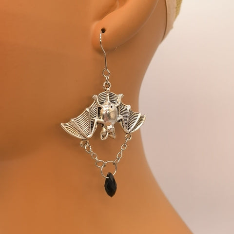 Trapped Bat Bloodstone Earrings, Silver Bat Earrings, Small Animal Earrings, Long Chain Earrings Stone Jewelry, Birthstone Gemstone Earrings - Froppin