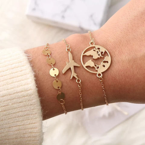 Travel inspired Set of Bracelets Golden chain Plane Earth World Map Geography Culture Dainty Cute Set - Froppin