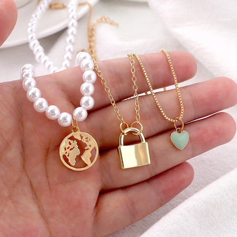 Travel Inspired World Glob Gold Pearl Green Pastel Heart Triple Multiple Necklace Set - Froppin