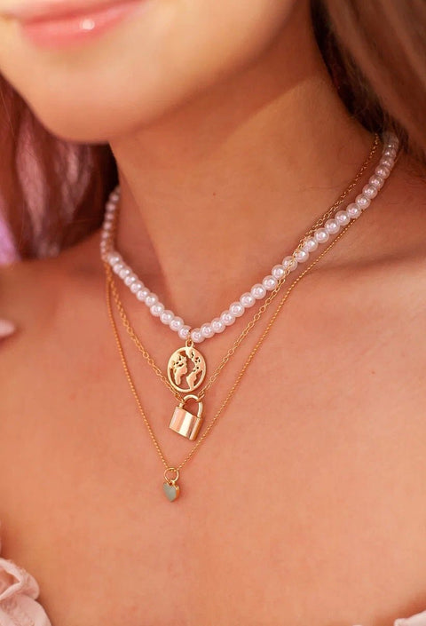Travel Inspired World Glob Gold Pearl Green Pastel Heart Triple Multiple Necklace Set - Froppin