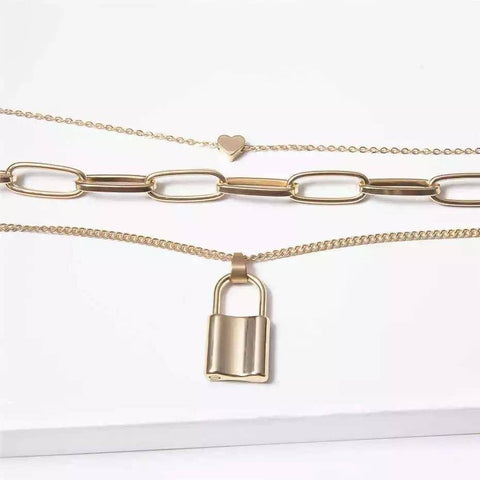 Triple Chain Necklace Lock And Heart - Froppin