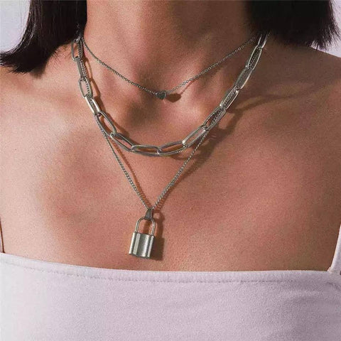 Triple Chain Necklace Lock And Heart - Froppin