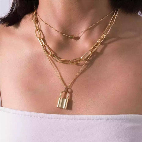 Triple Chain Necklace Lock And Heart - Froppin