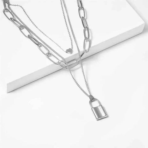 Triple Chain Necklace Lock And Heart - Froppin