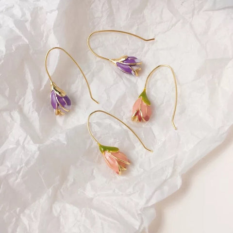 Tulip Ear Hooks Enamel Floral Elegant Cute Tiny Pink and Purple Designer Earrings Engraved Aesthetic Spring Flower Gift for her - Froppin