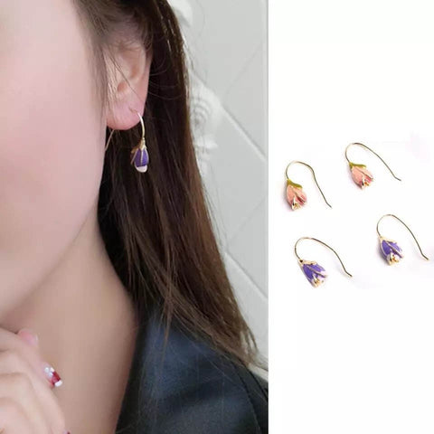 Tulip Ear Hooks Enamel Floral Elegant Cute Tiny Pink and Purple Designer Earrings Engraved Aesthetic Spring Flower Gift for her - Froppin