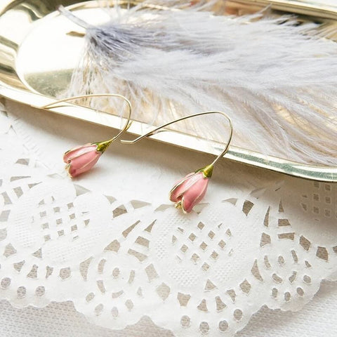 Tulip Ear Hooks Enamel Floral Elegant Cute Tiny Pink and Purple Designer Earrings Engraved Aesthetic Spring Flower Gift for her - Froppin