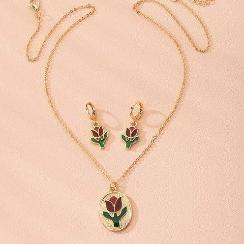 Tulip Flower Necklace | Gift For Mom | New Mom Gift | Set with Earrings | Lily of the Valley | Red Tulip Necklace | Dainty Mothers Day - Froppin