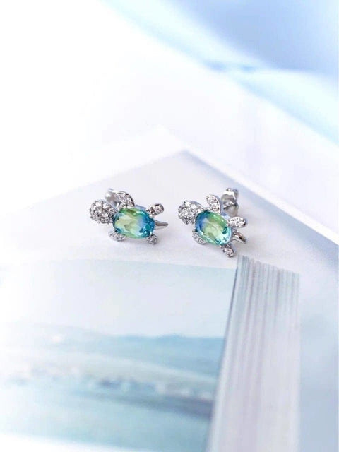Turtle Blue Green Crystal Stud Earrings - Froppin