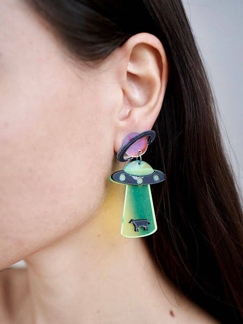 Ufo Funny Light Weight Alien Cow Earrings - Froppin