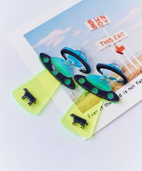 Ufo Funny Light Weight Alien Cow Earrings - Froppin
