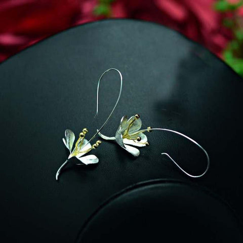 Upturned Jasmine Flower Earrings, Silver Hook Earrings, Gold Floral Earrings, White Earrings Minimalist Petal Charm Flower Bridal Earrings - Froppin